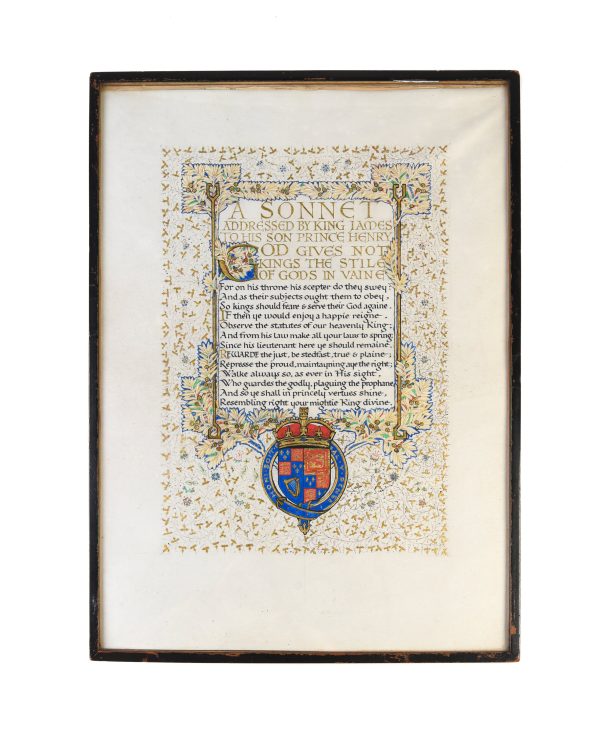 [Calligraphic illuminated manuscript on vellum] A sonnet addressed by King James to his son Prince Henry on Sale